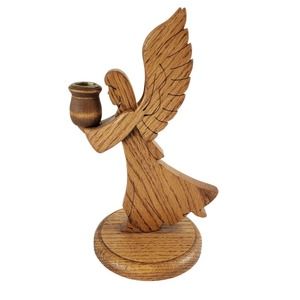 Vintage Wooden Carved Angel Figurine Taper Candle Holder 11” Tall 2-Sided